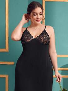 加大对比色蕾丝吊带睡衣睡裙 - 黑色 - 查看 4