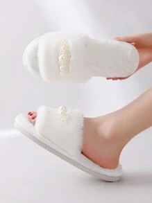 Fall/Winter Women's Plush Pearl & Fluffy Slippers, Indoor Casual House Slippers - White - View 2