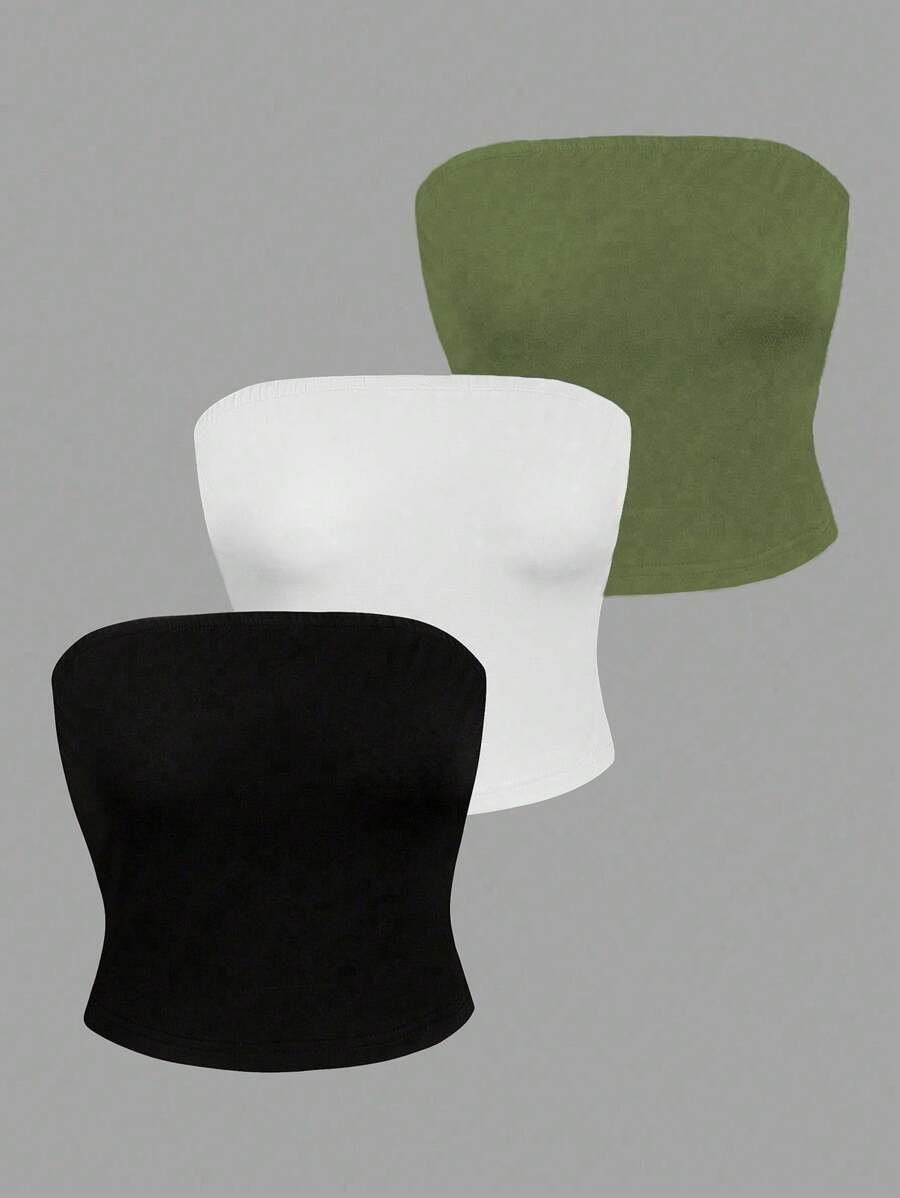 Olithes Top sin tirantes simple de unicolor con estilo de vacaciones a juego para mujeres en verano - Verde militar - Ver 1