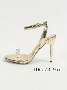 春夏女士高跟凉鞋，细跟圆头，镶钻银色，4英寸，优雅性感，百搭露趾，搭扣设计，奢华淑女风，小码33/34 - 金色 - 查看 4