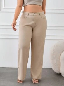 EURMUSE Plus High Waist Straight Fit Jeans - Beige - View 5