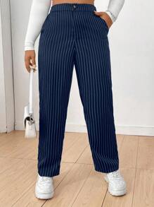 Flirla Plus Size Casual Striped Tapered Suit Pants
