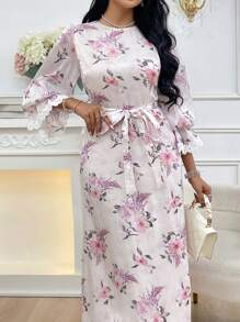 Modelyn Women's Round Neck Floral Printed Lantern Sleeve Belted Arabic Style Dress Long Evening Dresses - Multicolor - View 3