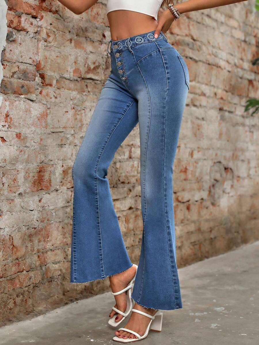 SHEIN LUNE Quần jean ống loe lưng cao in hoa cho nữ - Rửa trung bình - Xem 1