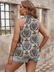 SHEIN Frenchy Plus Size Allover Print Front Button Sleeveless Shirt, Summer - Multicolor - View 2