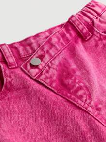 SHEIN Young Girls Y2K Rose Red Fashion Washed High-Waist Slit Hem Straight Leg Jeans,Summer Boho Thin Denim Wide-Leg Pants - Hot Pink - View 4