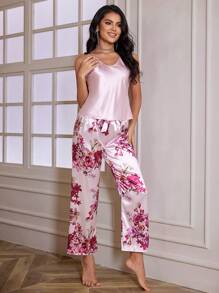 Floral Print Satin PJ Set / Pajama Set - Pink - View 4