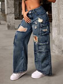 SHEIN PETITE Quần jean denim ống rộng dáng rộng cho nữ có nhiều túi tiện ích - Màu xanh lam - Xem 4