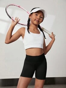 Sparklyn 少女夏季宽腰带骑行短裤，无缝黑色运动瑜伽百搭修身高弹短裤 - 黑色 - 查看 4