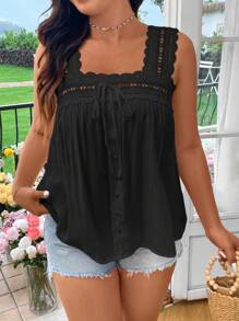 Flirla Plus Size Solid Color Square Neck Lace Trim Sleeveless Shirt, Summer - Black - View 6