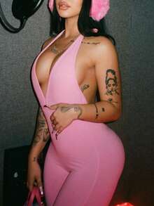 Women's Cute Y2K Backless Halter Neck Ruched Jumpsuit Elegant Pink Summer - Pink - View 5