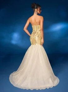 Glamrae Elegant And Gorgeous Champagne Color Tube Top With Positioning Sequins Embroidered Breast Cup Mesh Splicing Fishtail Hem Floor Length Heavy Industry Dinner Dress