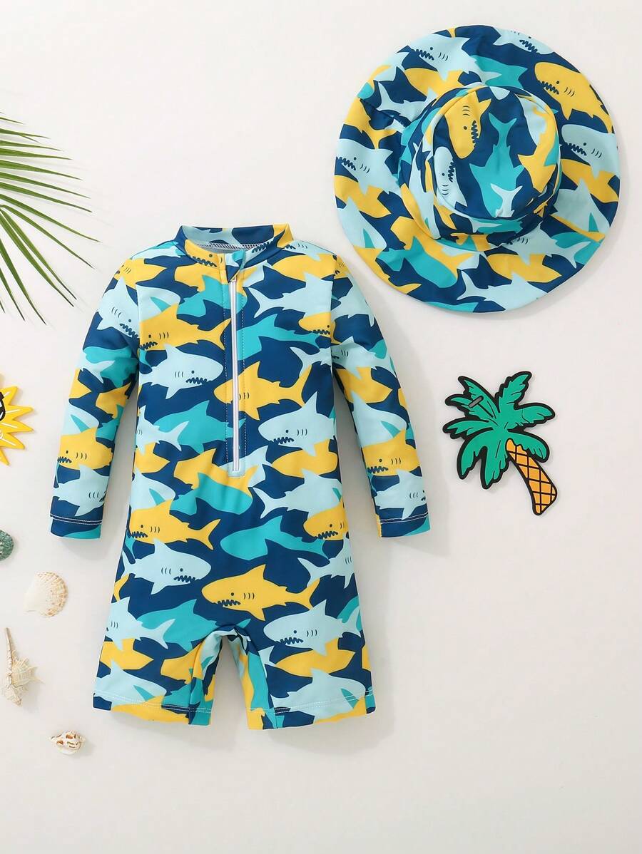 Baby Boy Summer Long Sleeve One-Piece Swimsuit With Sun Protection Hat,2pcs/Set,Cute Navy Blue Shark Print,Suitable For Vacation,Holiday,Beach Wear - Multicolor - View 1