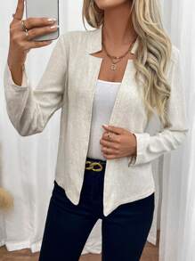 SHEIN Frenchy 女士朴素简约亚麻长袖日常夹克、教师服装、返校服装、秋季女装、老款风格、商务女装、休闲女装、教师衬衫、办公室服装、长袖衬衫、秋季服装、通勤、极简主义、办公室服装、老款、简约、秋季女装 - 杏色 - 查看 5