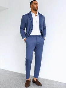 Calvornis Nam Kích thước lớn Thon gọn Cổ áo có khía Bộ đồ Bộ - Xanh đậm - Xem 3