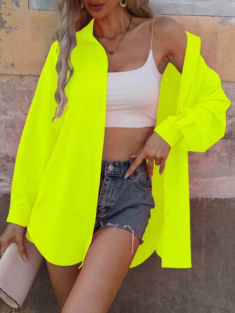 SHEIN LUNE 女士纯色简约日常长袖衬衫、长袖上衣 - 綠色 - 查看 1