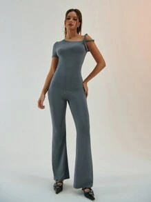 Aloruh Simple Commuting & Sports Gray Bodycon Jumpsuit For Women With Asymmetrical Sleeves And Floor-Length Design - Grey - View 1