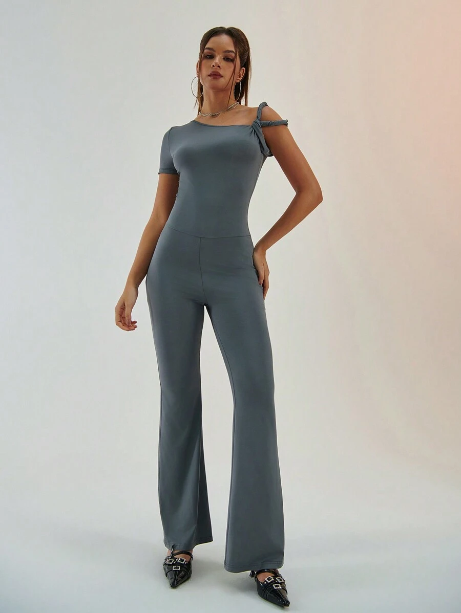 Aloruh Simple Commuting & Sports Gray Bodycon Jumpsuit For Women With Asymmetrical Sleeves And Floor-Length Design - Grey - View 1