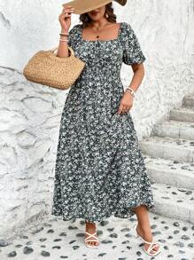 SHEIN VCAY Plus Size Vacation Style Long Floral Dress With Bubble Sleeves And Cinched Waist - Black - View 3