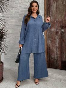 SHEIN LUNE 舒適紋理面料拼色釦領長袖襯衫，搭配有彈性腰身和寬腳褲，大碼2件套裝 - 藍色 - 查看 5