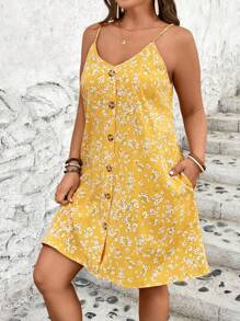 SHEIN VCAY Plus Size Vacation Spaghetti Strap Summer Boho Dress,Beach Dress Sundress,Holiday Outfits - Yellow - View 4