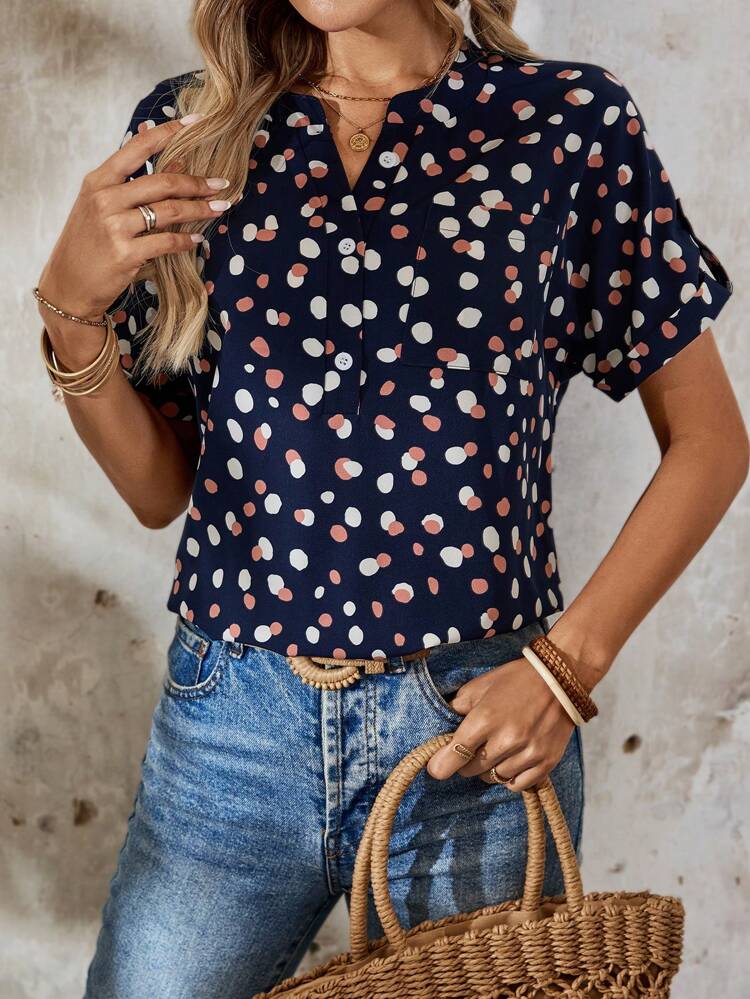 Women's Printed Notched Collar Roll-Up Sleeve Shirt Women Blouses Basic T Shirt