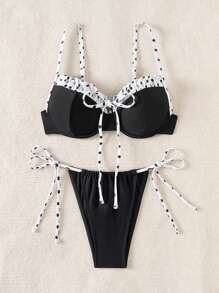 SHEIN Swim Women Vacation Beach Polka Dot Printed Patchwork Bikini Set,Summer Beach - Multicolor - View 4