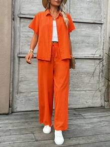 SHEIN LUNE Conjunto de camisa naranja de manga corta y pantalón largo casual y elegante para verano adecuado para viajes - Naranja Quemada - Ver 5