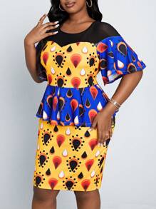 SHEIN Lady 大尺碼復古拼色短袖上衣+包身裙套組，夏日假期休閒服裝 - 彩色 - 查看 3