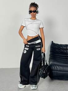 Muchica 女士夏季黑色對比邊飾肋紋紋T卹 - 白色 - 查看 3