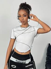 Muchica 女士夏季黑色對比邊飾肋紋紋T卹 - 白色 - 查看 5