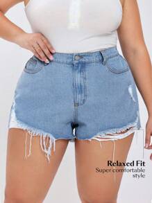 Pantalones cortos de mezclilla de talla grande con apariencia rota y sin elasticidad, a la moda - Azul - Ver 2