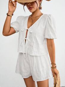 SHEIN VCAY Women's Summer Solid Color Front Tie Shirt And Shorts Set,Short Sleeve Shirt And Shorts Two-Piece - White - View 5