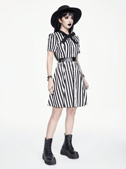 Goth Robe d'été à la mode pour femmes avec rayures, taille cintrée avec nœud papillon et fermeture à boutons devant, pour école