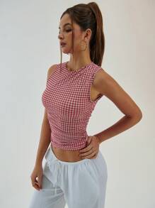 Aloruh Nuevo Vintage Dibujo De Cuadros Decoración De Volantes Elegante Cuello Redondo Camiseta Sin Mangas Recortada