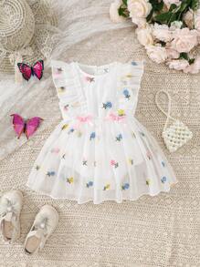 SHEIN Baby Girl Summer Contrast Mesh Floral Bodysuit With Ruffle Trim - White - View 1