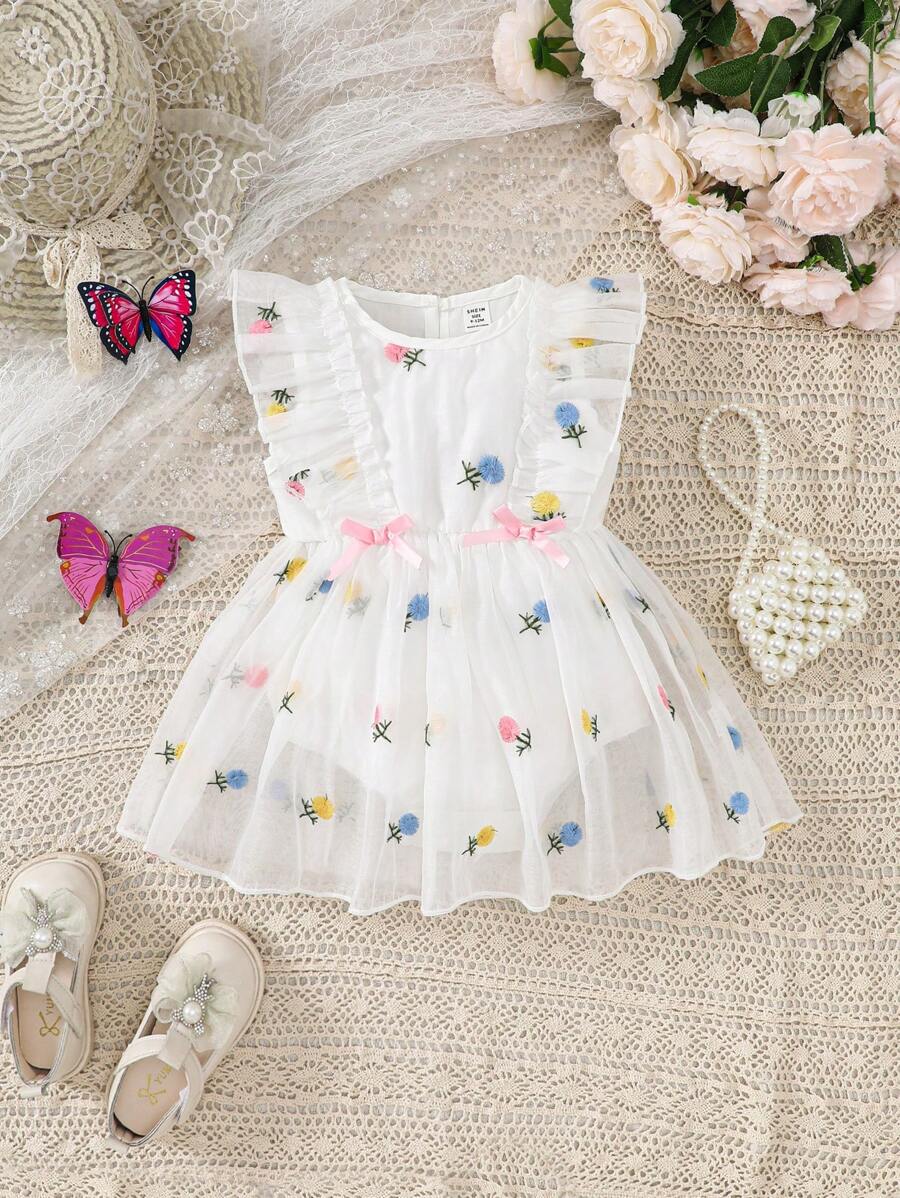 SHEIN Baby Girl Summer Contrast Mesh Floral Bodysuit With Ruffle Trim - White - View 1