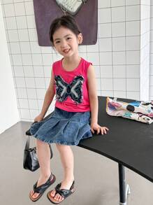SHEIN 2pcs/Set Cute & Lively Girls Outfit: Fashion Casual Tank Top With Bow Applique + Denim Skirt, Suitable For Summer Commute & Daily Wear - Multicolor - View 5