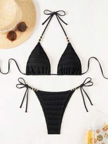 Women's Summer Beach Solid Color Halter Neck Tie Sexy Bikini Set