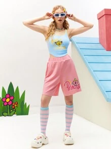 Mr Men Little Miss X SHEIN Women's Casual Cartoon And Letter Printed Elastic Waist Wide Leg Loose Summer Pink Shorts - Pink - View 3