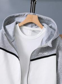 SHEIN Tween Boys' July 4th Graphic Contrast Tape Zipper Hoodie & Pants Set, Casual Sports Fleece Suit For Commuting, School, Daily Lounging, Thickened - Grey - View 4