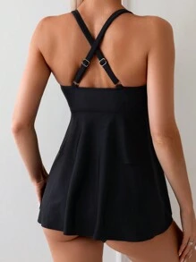 SHEIN Swim 女士純色黑色十字背帶泳衣套裝，細肩帶領口泳裙及泳褲，適合夏季海灘度假 - 黑色 - 查看 2
