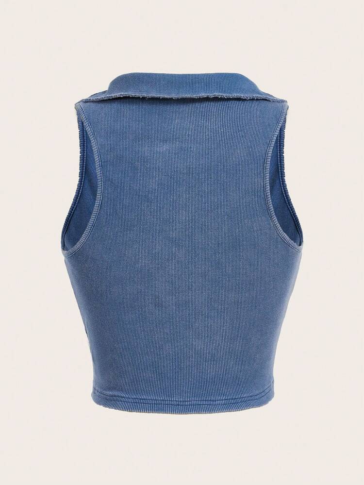 Women's Solid Color Ribbed Sleeveless Pullover Shirt With Collar, Casual Street Style -K