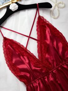 SilkySpell Bộ đồ ngủ hở lưng phối ren tương phản cỡ lớn - Màu Đỏ Sâu - Xem 3