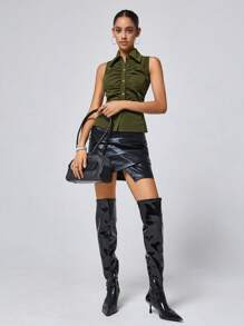 Aveloria Affinna 女性性感合身純色襯衫，無袖設計，帶褶皺和翻領