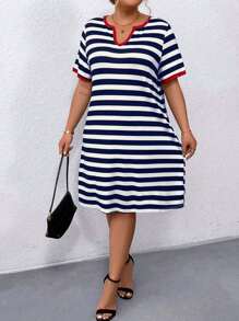 Plus Size Short Sleeve Color Block Striped Dress With Notched Neckline And Contrast Trim, Summer - Navy Blue - View 5