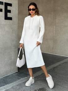 RueChic Women Hooded Long Sweater Dress - Beige - View 1