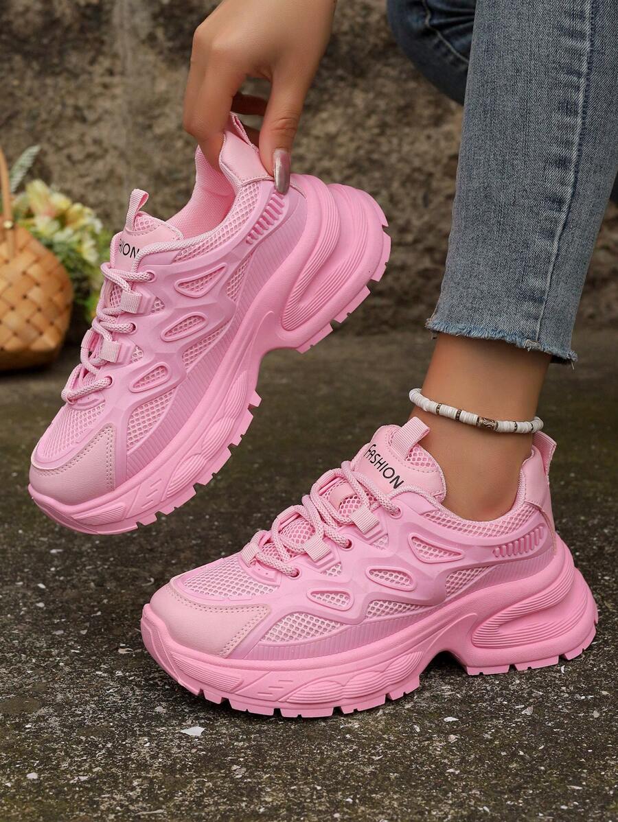 Nữ Hồng Lưới Chunky Giày Nữ Giày Nữ Đế Dày Giày Thể Thao Giày Thường Thoáng Khí - Hồng - Xem 1