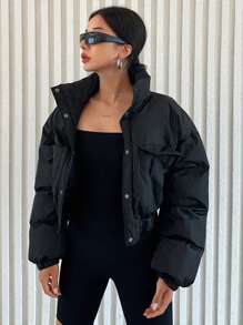 DAZY Women's Stand Collar Short Padded Coat With Pockets, Winter ,Winter Women Clothes,Winter Coat Women Jacket - Black - View 13