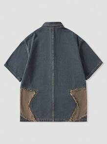 ROMWE MEN Street Life Áo sơ mi denim cài nút phía trước màu khối cho nam, đi học - Đồng - Xem 2